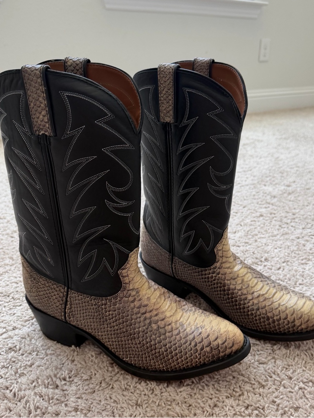 Western Python-Textured Leather Cowboy Boots - Black and Brown